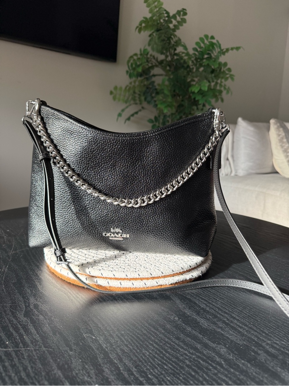 Coach Laurel Shoulder Bag Black Leather Crossbody with Silver Chain Accent